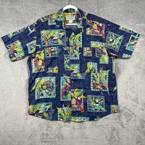 Vintage Key West Hawaiian Shirt Mens XL Navy Blue Tropical Parrot Toucan USA